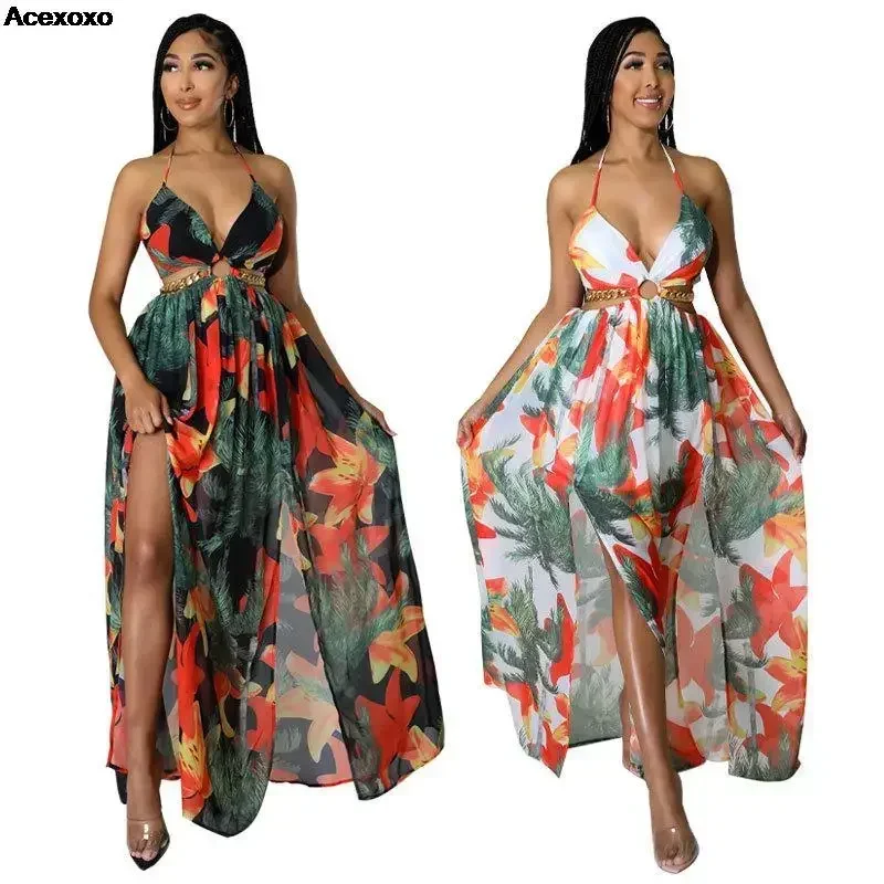 

Summer new women's fashion casual shoulder strap hanging neck deep V waist hollow French print dress