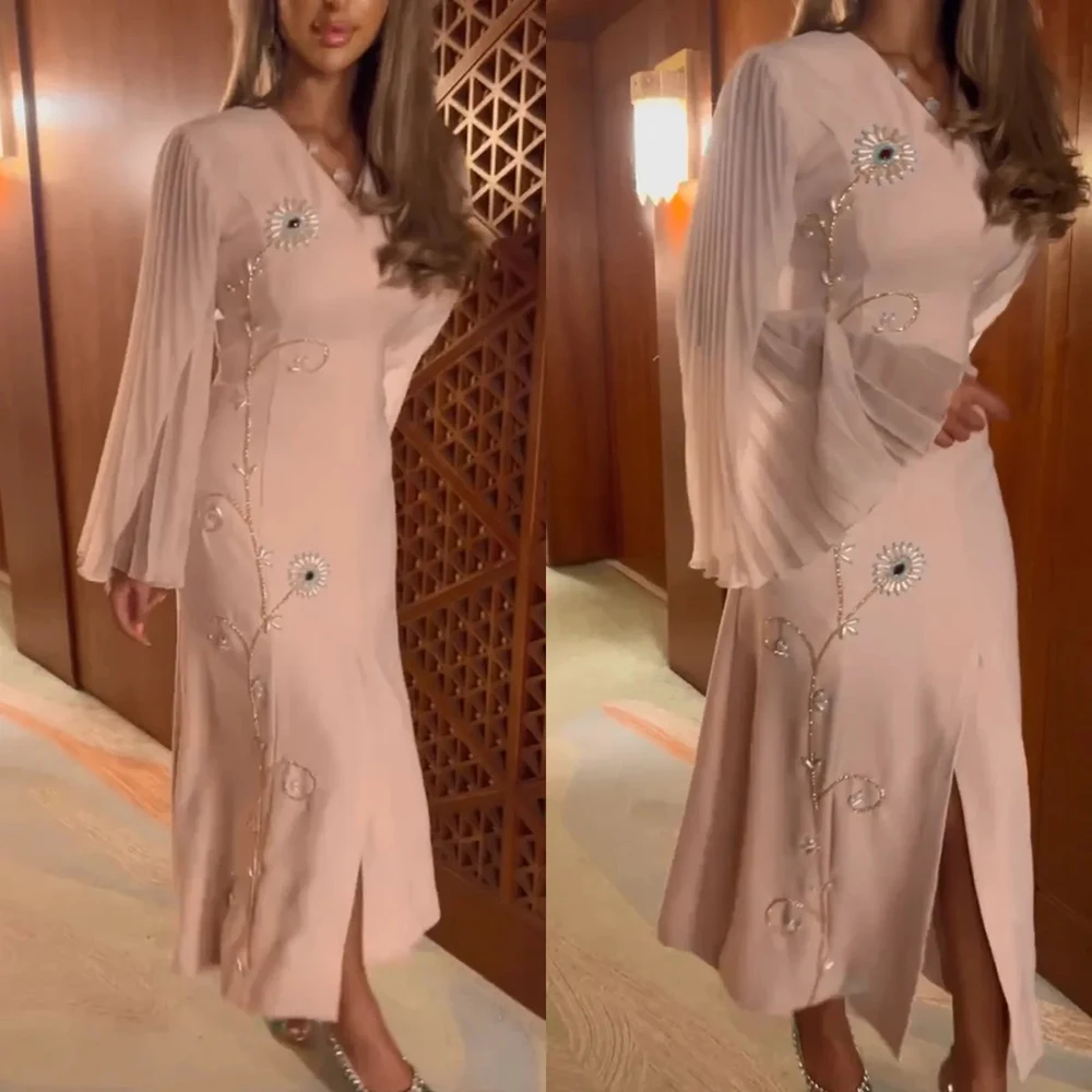 

Customized Yipeisha Fashion SImple Jersey Evening Dress Chiffon Sleeves V-neck Front Split Straight Ankle Length Formal Evening