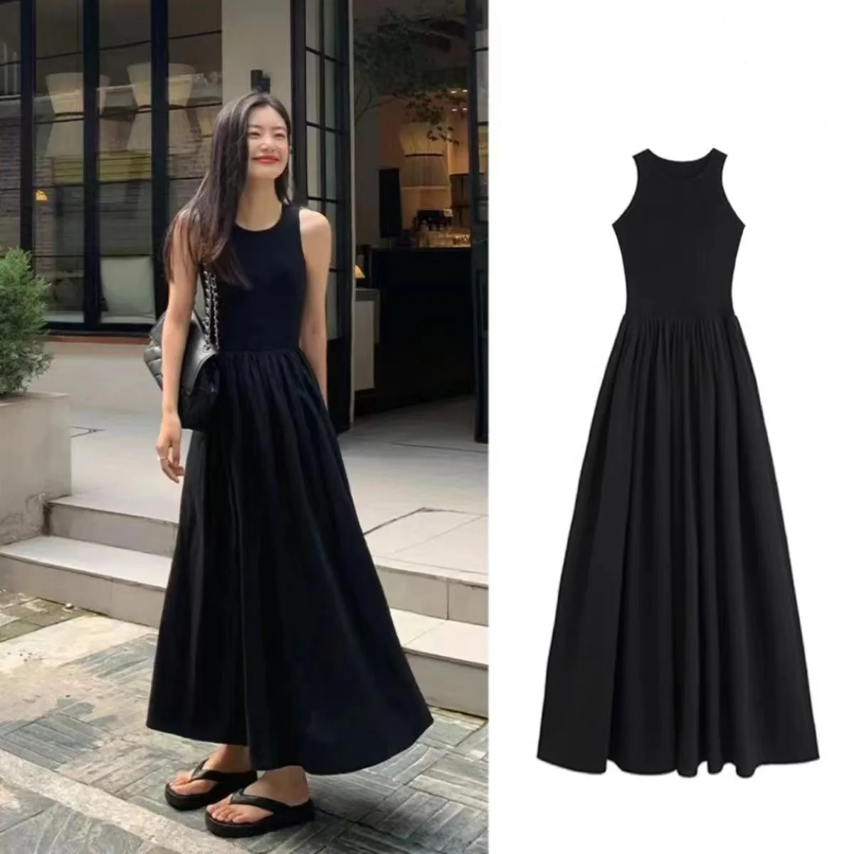 

2025 summer high-end sleeveless vest dress women's new style splicing A-line long dress beach dress