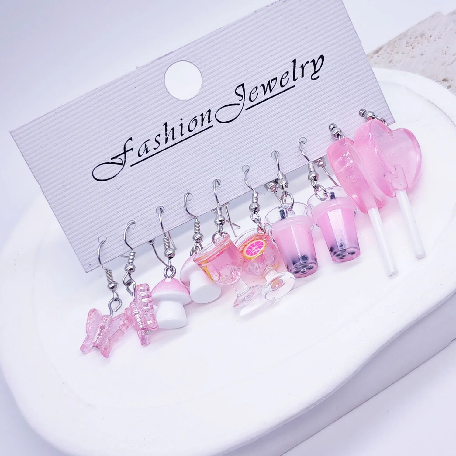 European and American cross-border cartoon fashion resin simulation food, milk tea, mushroom candy earrings, pink set