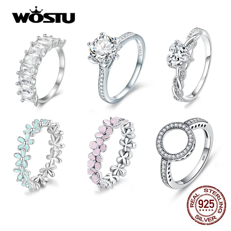 WOSTU Hot Sale Real 925 Sterling Silver Lucky Circle Finger Rings For Women Heart CZ Rings Fashion Jewelry Gifts Dropshipping