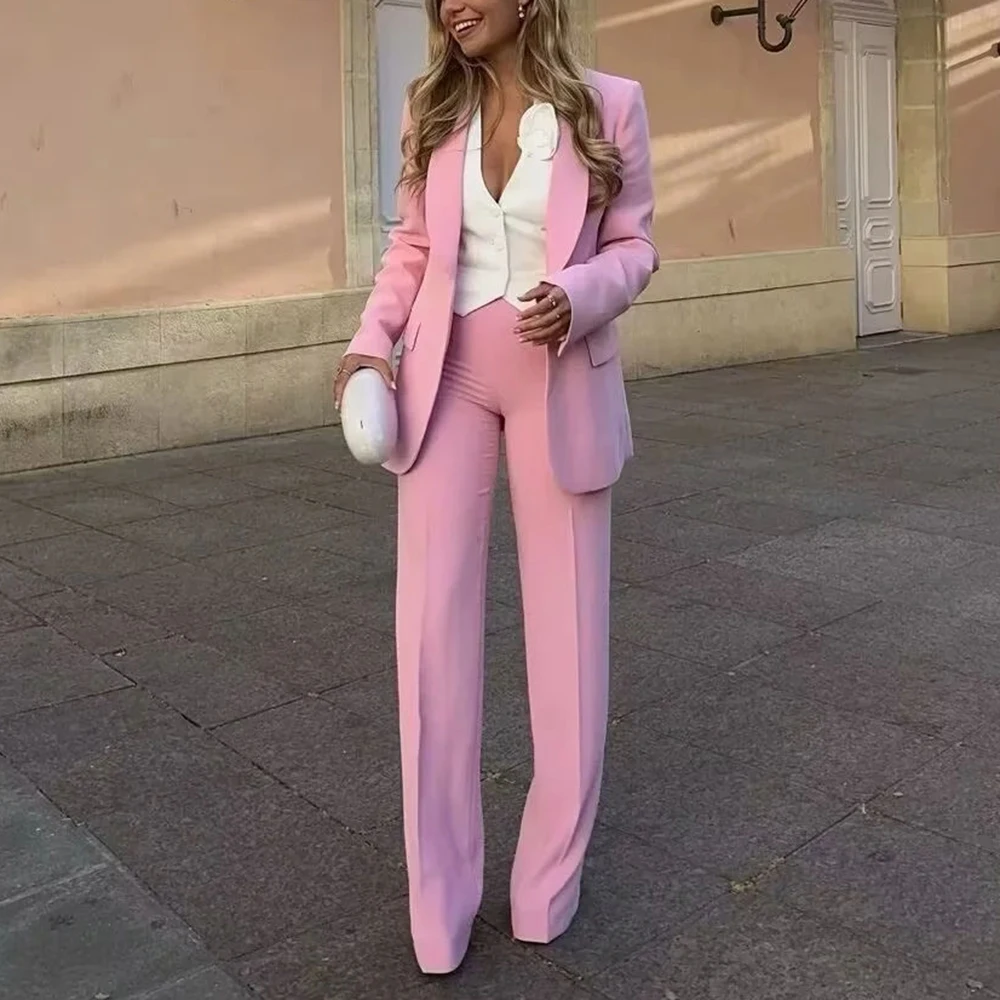 TWOTWINSTYLE Solid Two Piece Sets For Women Lapel Long Sleeve Loose Coat High Waist Temperament Wide Leg Pant Chic Set Female