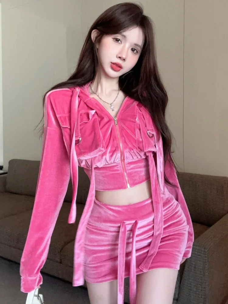 

Fashionable Short Crop Top And High Waist Skirt Set Slimming Zipper Long Sleeve Hoodie Bodycon Half-length Women's Outfit