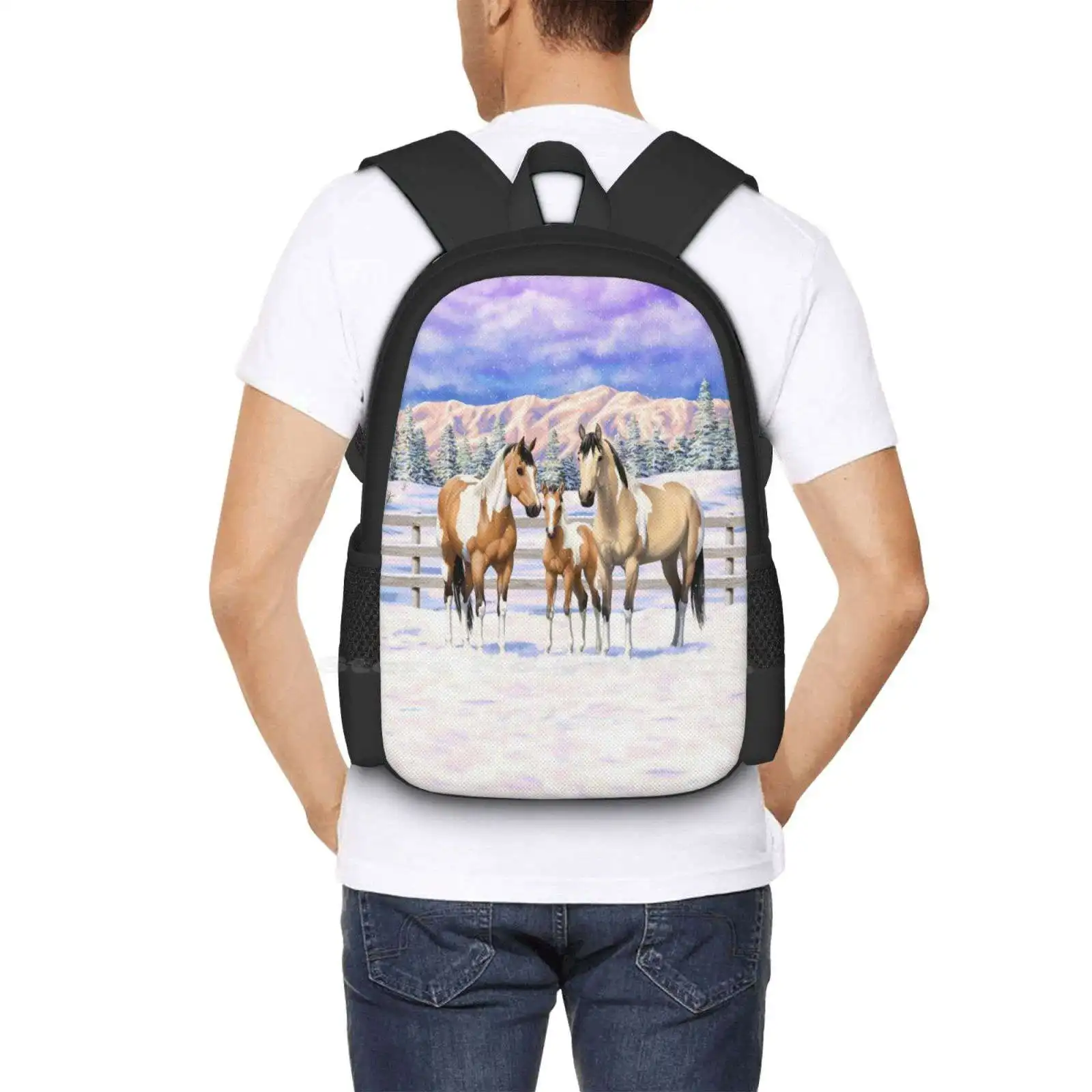 Pinto Dun Paint Quarter Horses In Snow Backpack For Student School Laptop Travel Bag Horse Paint Horse Quarter Horse Dun Horse