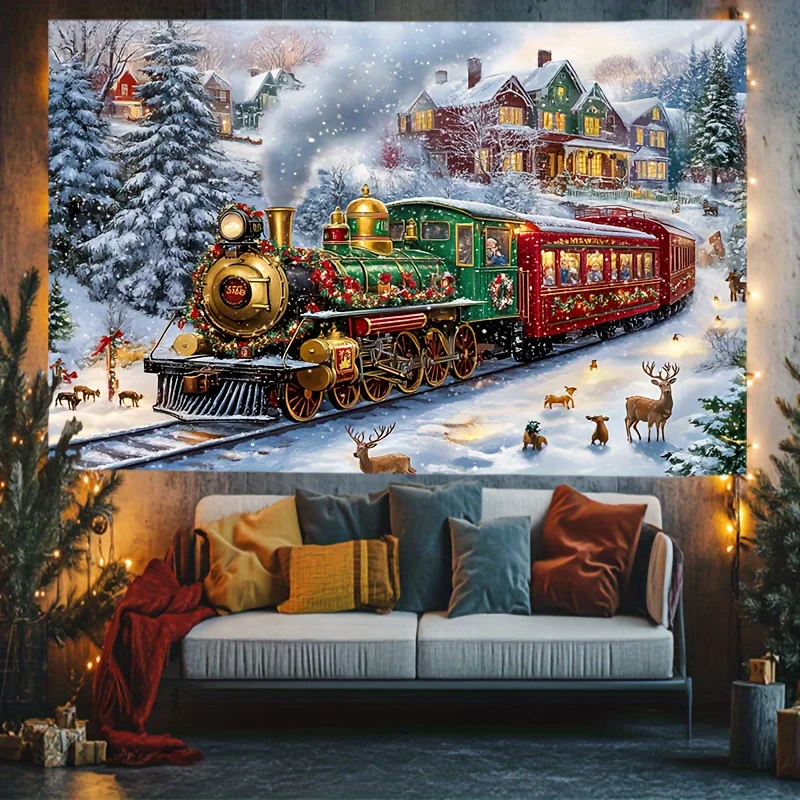 VIKAMA Christmas Snow Scene Train Tapestry Living Room Sofa Backdrop Wall Home Decor Christmas Party Room Decoration