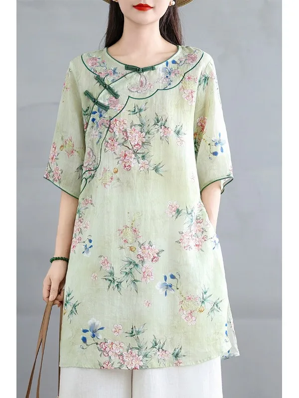 Retro Chinese Sle Geborduurde Vlas irt Dr vrouwen Losse Afslanken Comfortabele High-End Gevoel Thee Kostuum Zomer