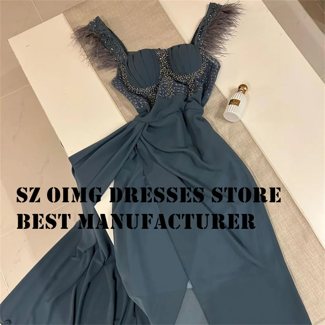 OIMG Elegant Mermaid Beading Prom Dresse Square Neck Ruched Satin Feather Sleeveless Women Evening Gowns Formal Party Dress
