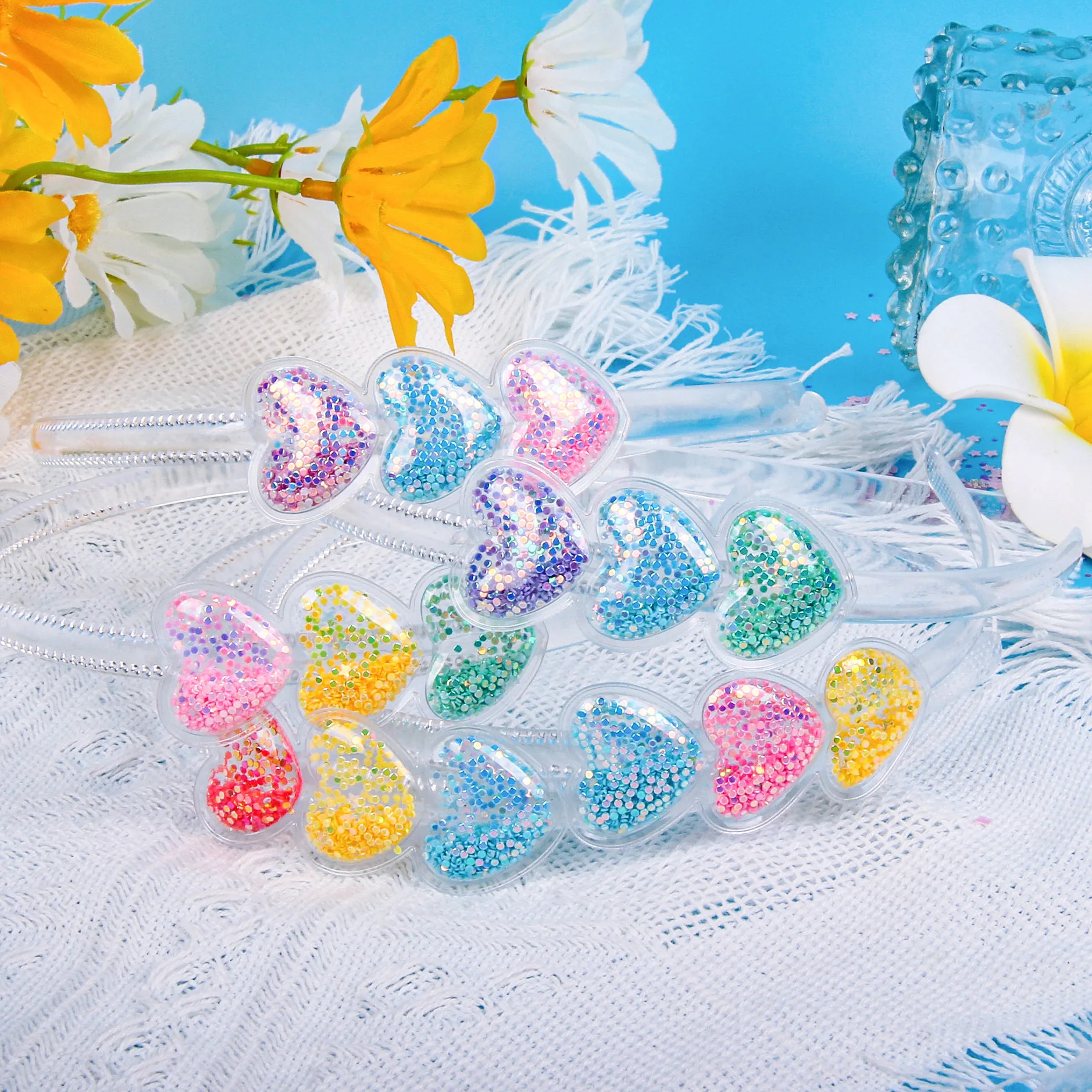 Transparent Quicksand Hair Band For Kids Girls Glitter Heart Sequin Cartoon Ear Headbands Hair Hoops Headwear Hair Accessories