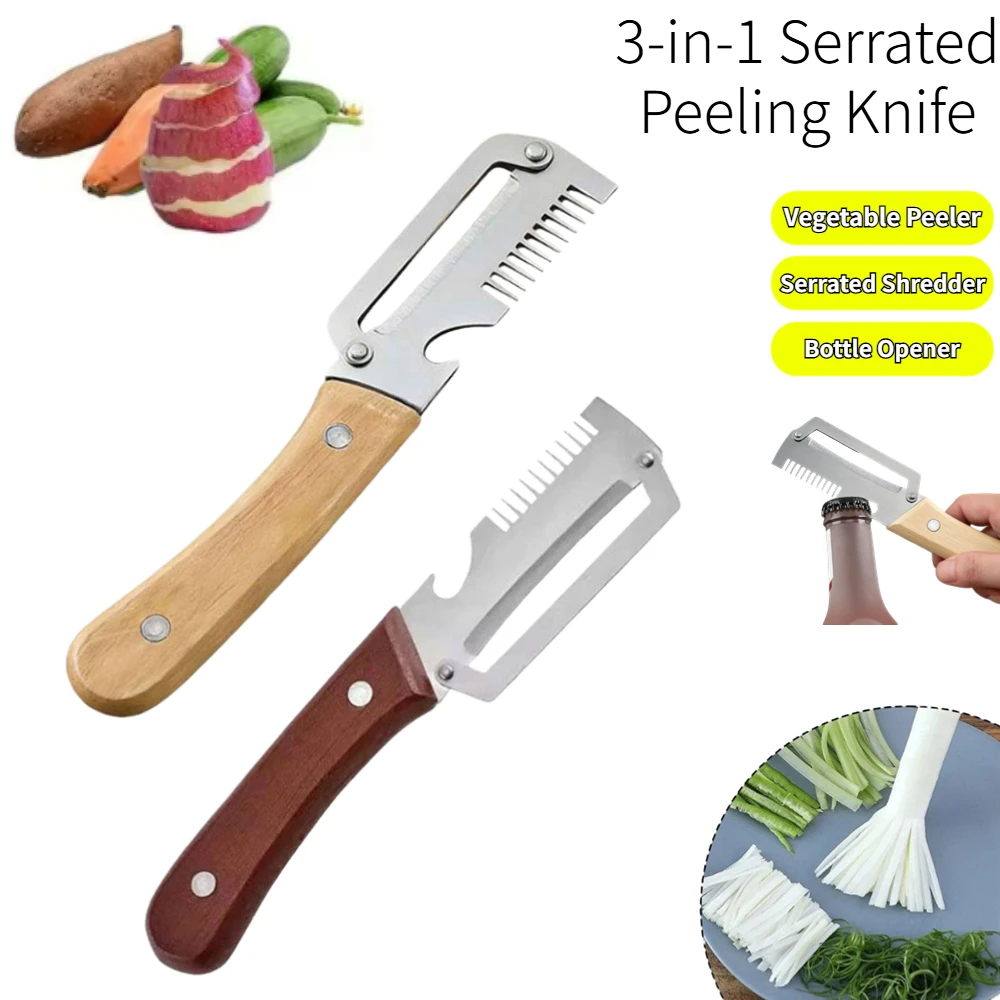 3-in-1 Serrated Peeling Knife Stainless Steel Vegetable Fruits Peeler Shredder And Bottle Opener With Wooden Handle Kitchen Tool