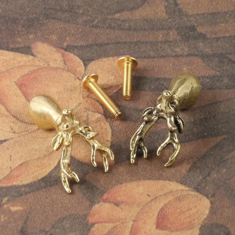 Retro Brass Cabinet Pull Single Hole Furniture Hardware Solid Deer Head Drawer Handle Animal Series Home Decor