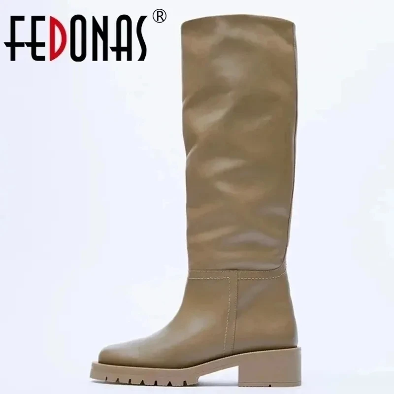 FEDONAS 2025 Ins Hot Women Genuine Leather Knee Boots High Heels Motorcycle Boots Punk Slim Long Autumn Winter Shoes Woman