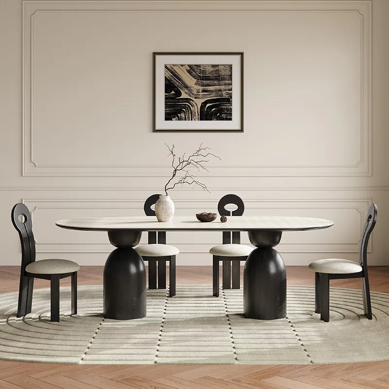 

French pure solid wood rock slab dining table household modern simple light luxury high-end small apartment oval dining table