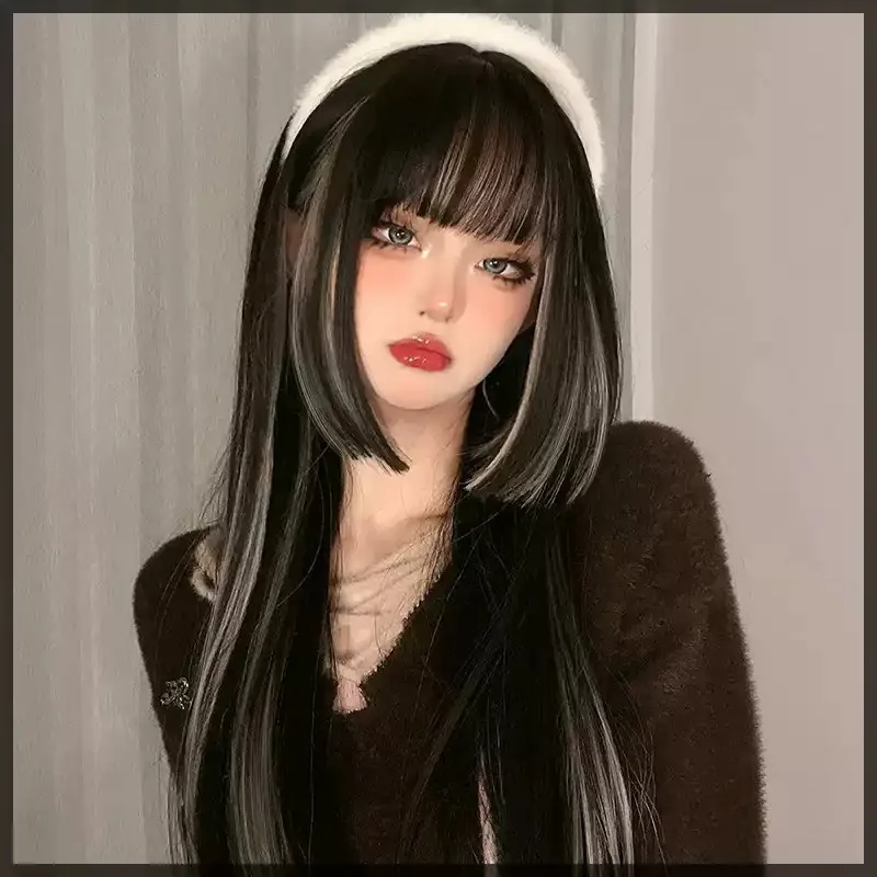 Long Straight Black‑Champagne Highlight Wig, Full Head Lolita Cosplay Wig with Bangs for Girls Daily Party Costume