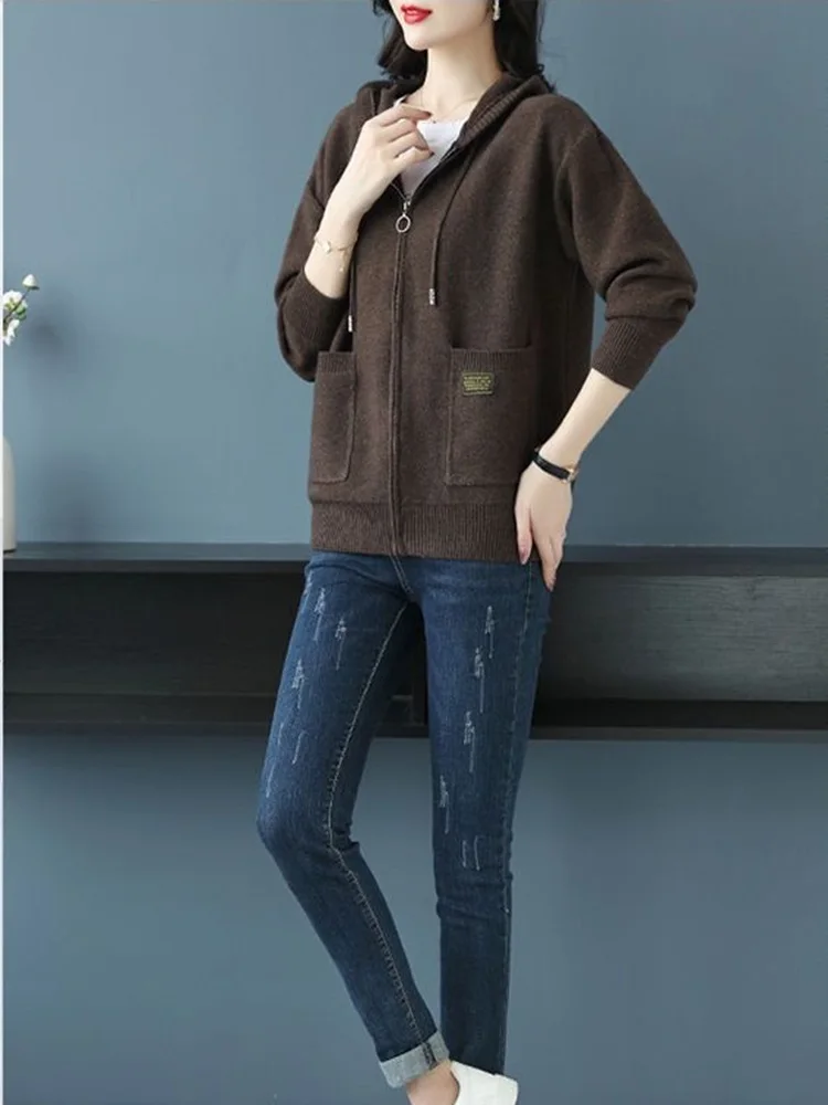 Solid Color Hooded Wool Knitted Cardigan Women 2024 Spring Clothes Loose Sweater Long Sleeve Tops Zipper Knitwears Coat