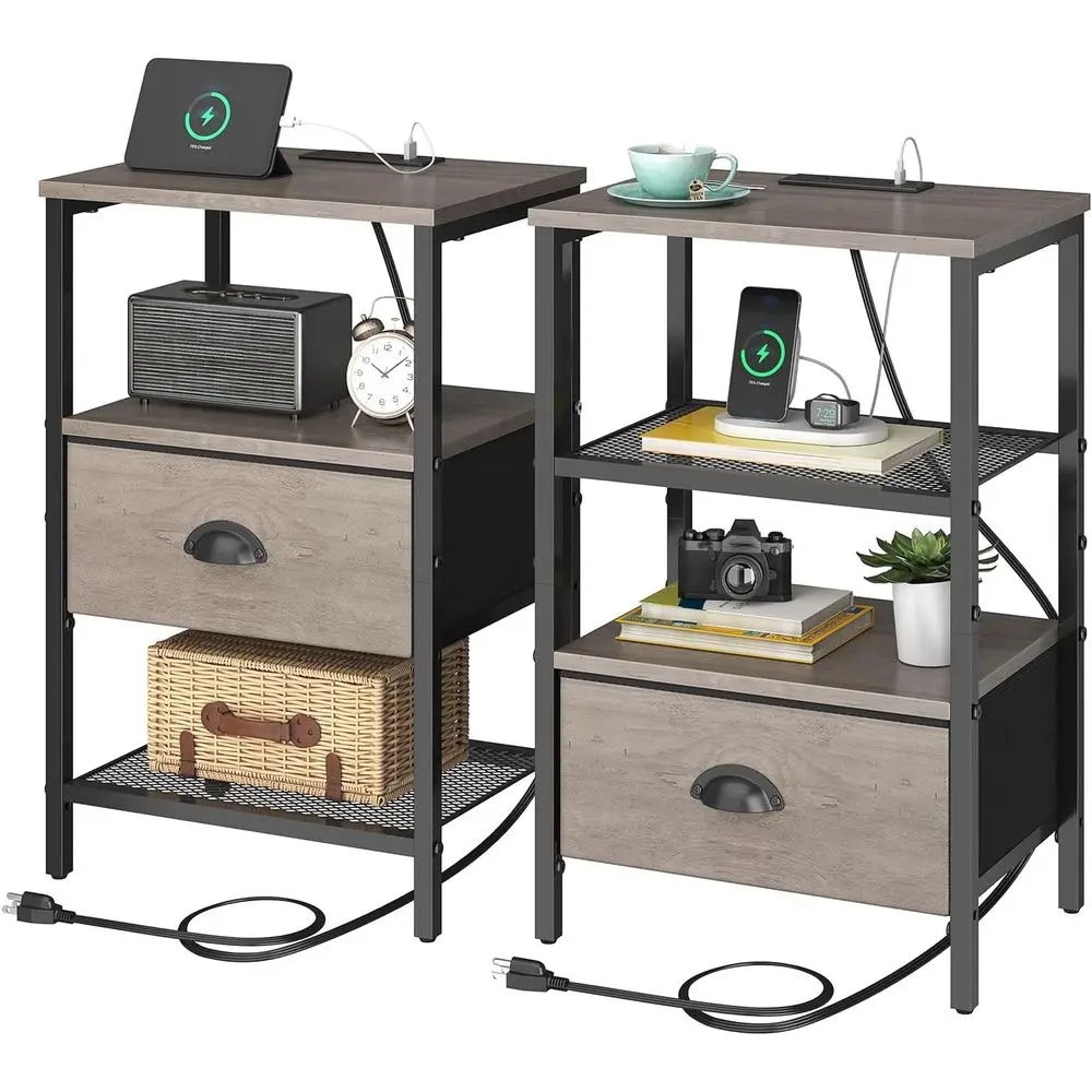 

2-Piece Modern Grey Nightstands with Charging Station and Fabric Drawers, 2-Tier Storage Bedside Tables