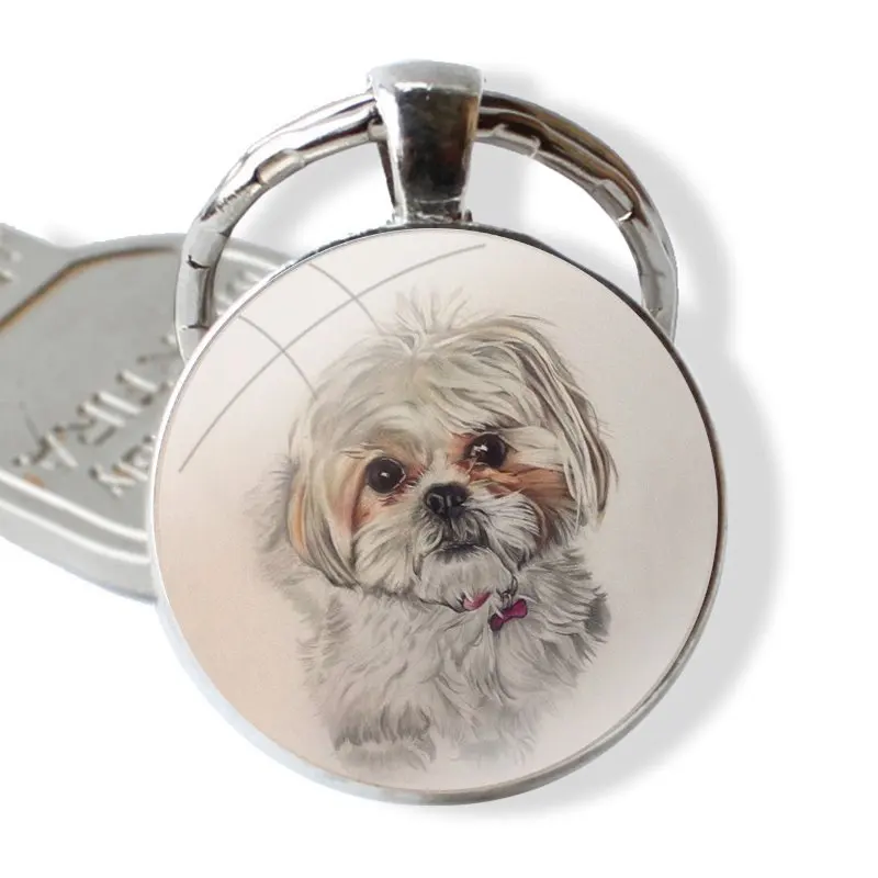 lovely Shih Tzu puppy dogs Glass Metal Pendant Key Chain Classic Men Women Key Ring Accessories Jewelry Gifts