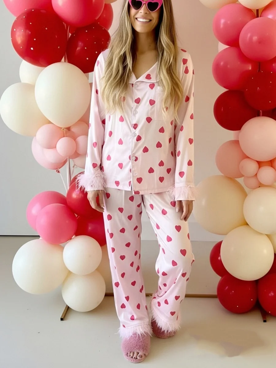 

Womens Valentine's Day Pajamas Set Print Button Down Lapel V Neck Long Sleeve Tops with Pants Lounge Wear 2 Pcs Set