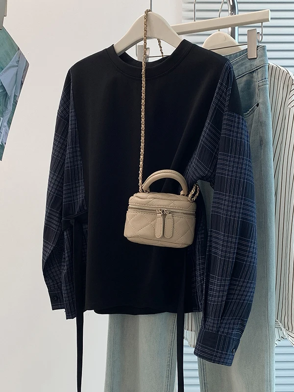 Women's Casual Plaid Long Sleeve T-Shirt Hoodie Autumn New Style Korean Version Fashionable Versatile Cotton Material