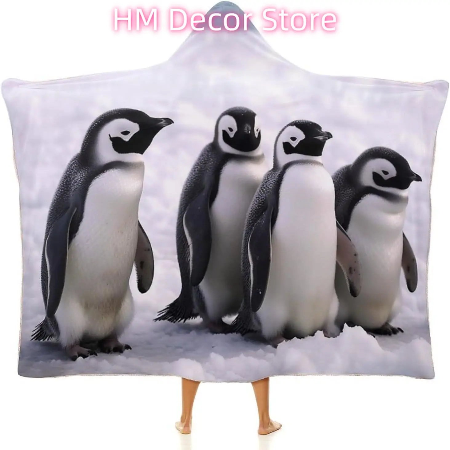 Penguins With Snow Wearable Hooded Blanket, Ultra Soft Arctic Velvet Cape Cloak Unisex - Cozy Wearable Blanket