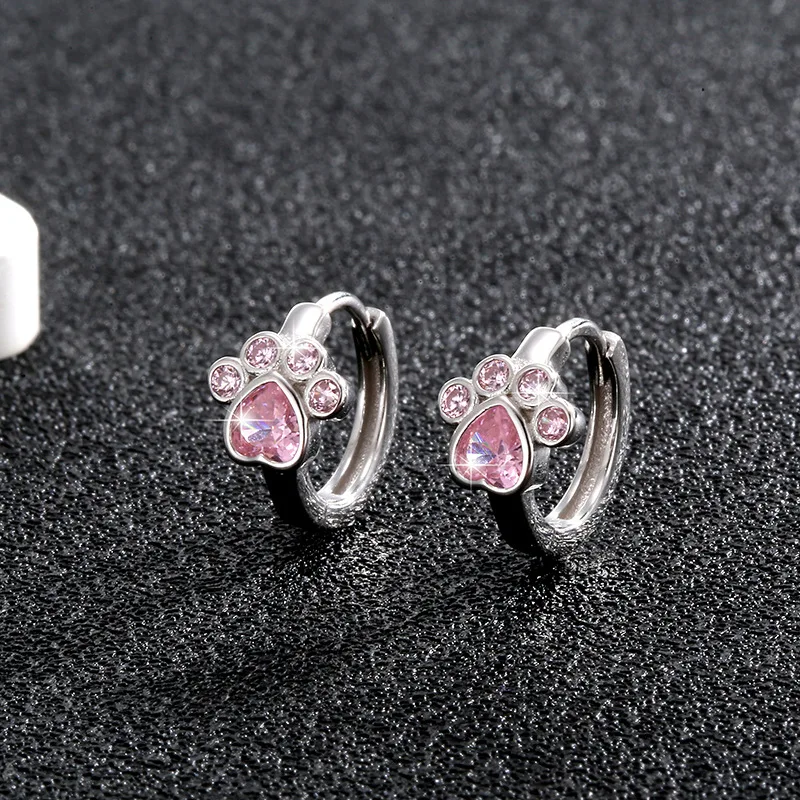 Girls' Lovely Footprint Hoop Earrings Blue/Pink Zirconia Copper Round Circle Cat-Paw Cartoon Ear Piercing Jewelry For Women Gift view 5