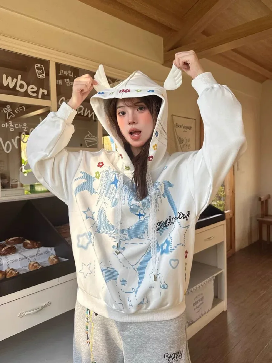 

American Y2K Light Asian Style Hand-Painted Cartoon Hooded Sweatshirt Women Autumn Winter New Niche Design Loose Hoodie