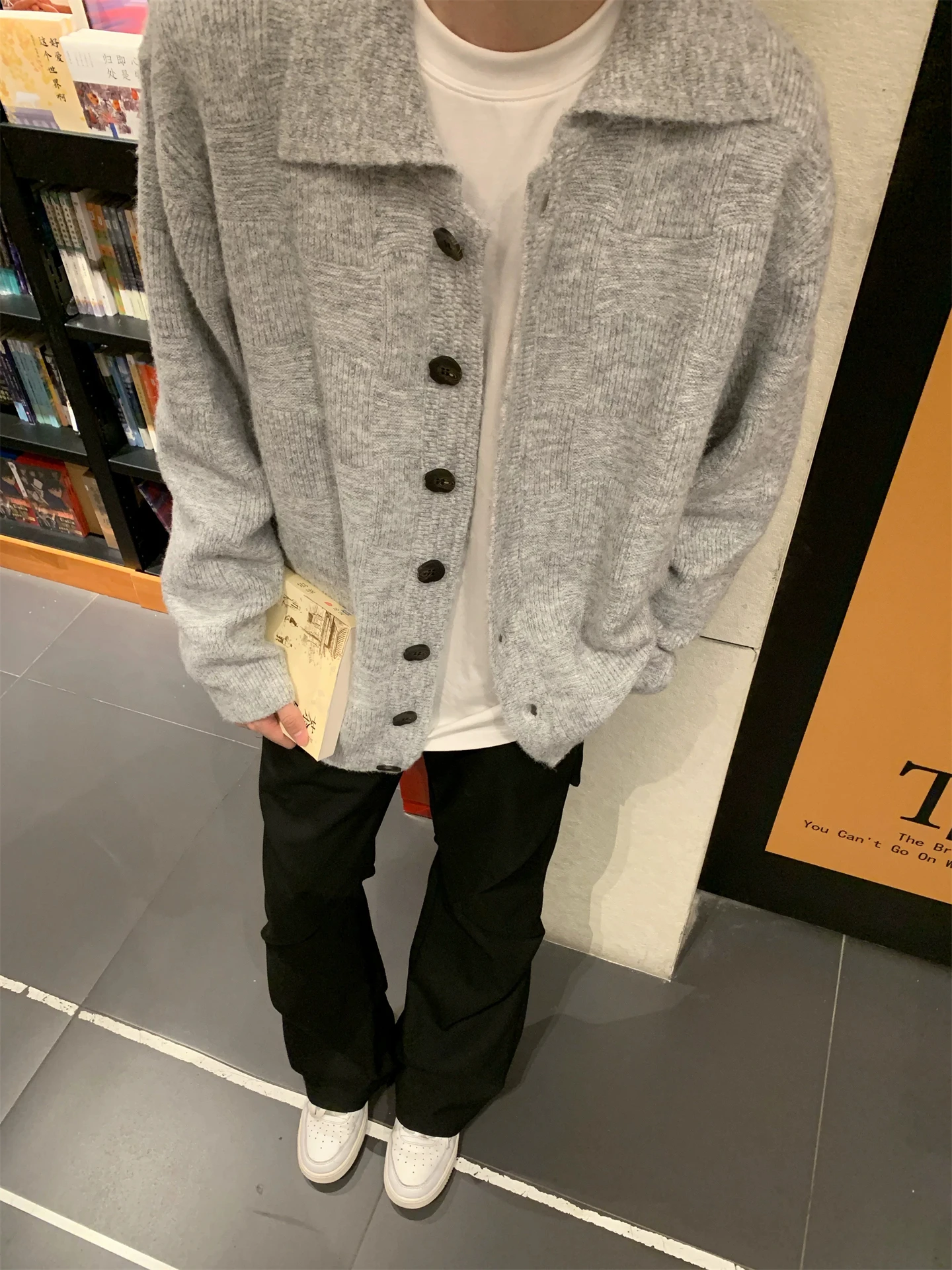 Loose Fit Knitted Sweater Men's Cleanfit Lazy Open Cardigan Collar Autumn Winter Dark Pattern Plaid Korean Style Long Sleeve