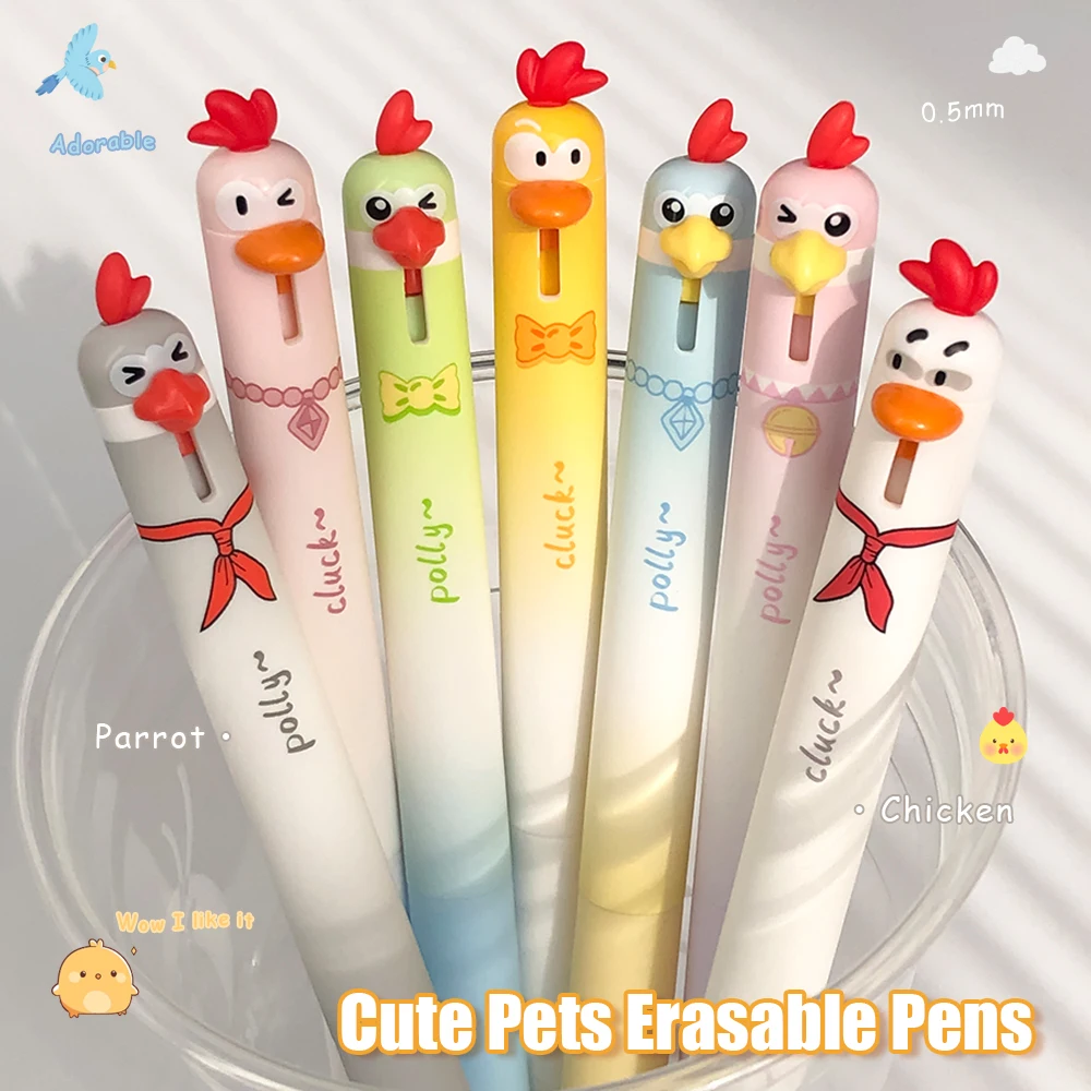 8 Cute Parrot and Chicken Erasable Gel Pens 0.5mm Fun Animal Minimalist Pen Blue and Black Colors for Study and Office Use