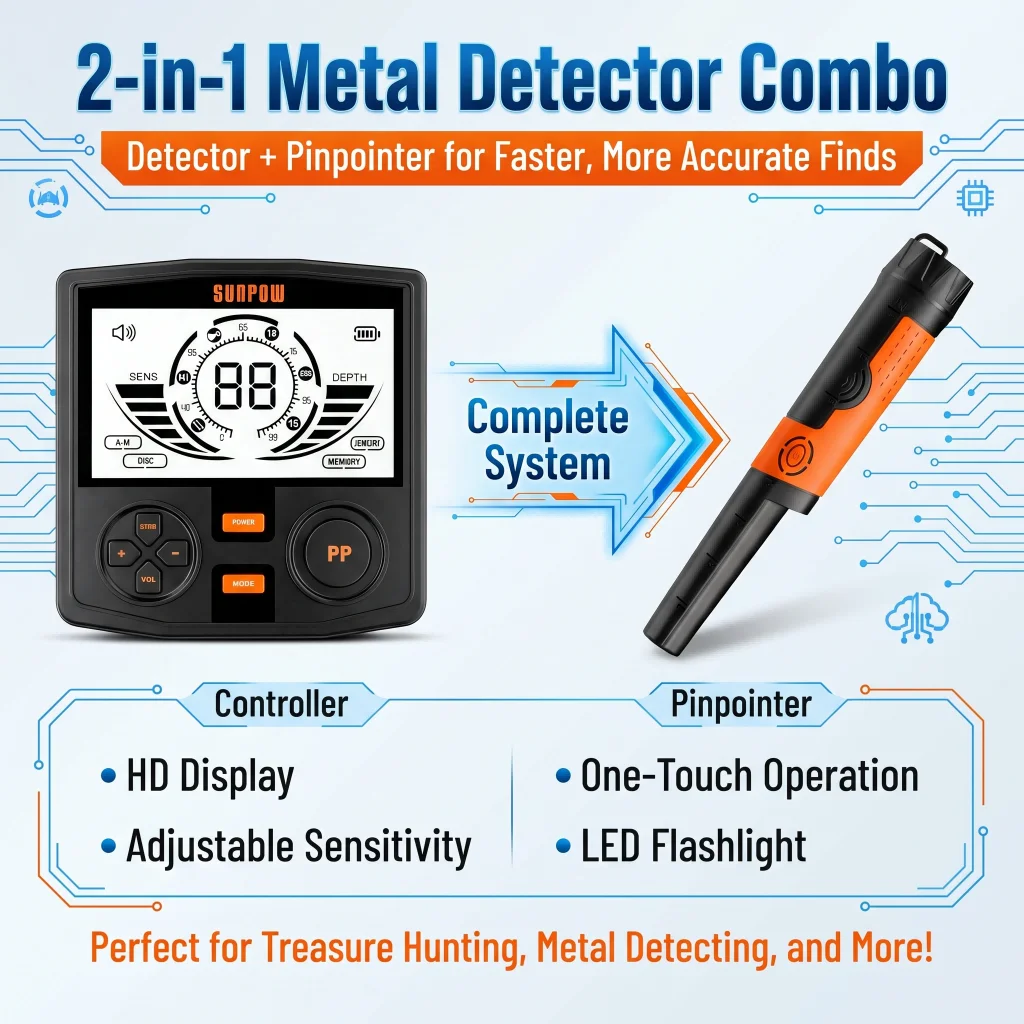 SUNPOW Professional Metal Detector Kit with Handheld Pinpointer for Adults, 5 Operating Modes, IP68 Waterproof 12 Inch Search Coil, Backlit LCD & Telescopic Adjustable Shaft, Up to 10 Inch Detection Depth for Beach Forest Outdoor Treasure Hunting
