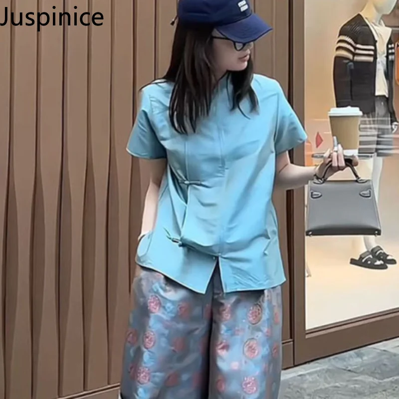 

Summer Chinese Style T-shirt Pants Suit Women Loose Casual Simple High Street Personalized Shirt Trousers Set Male Clothes