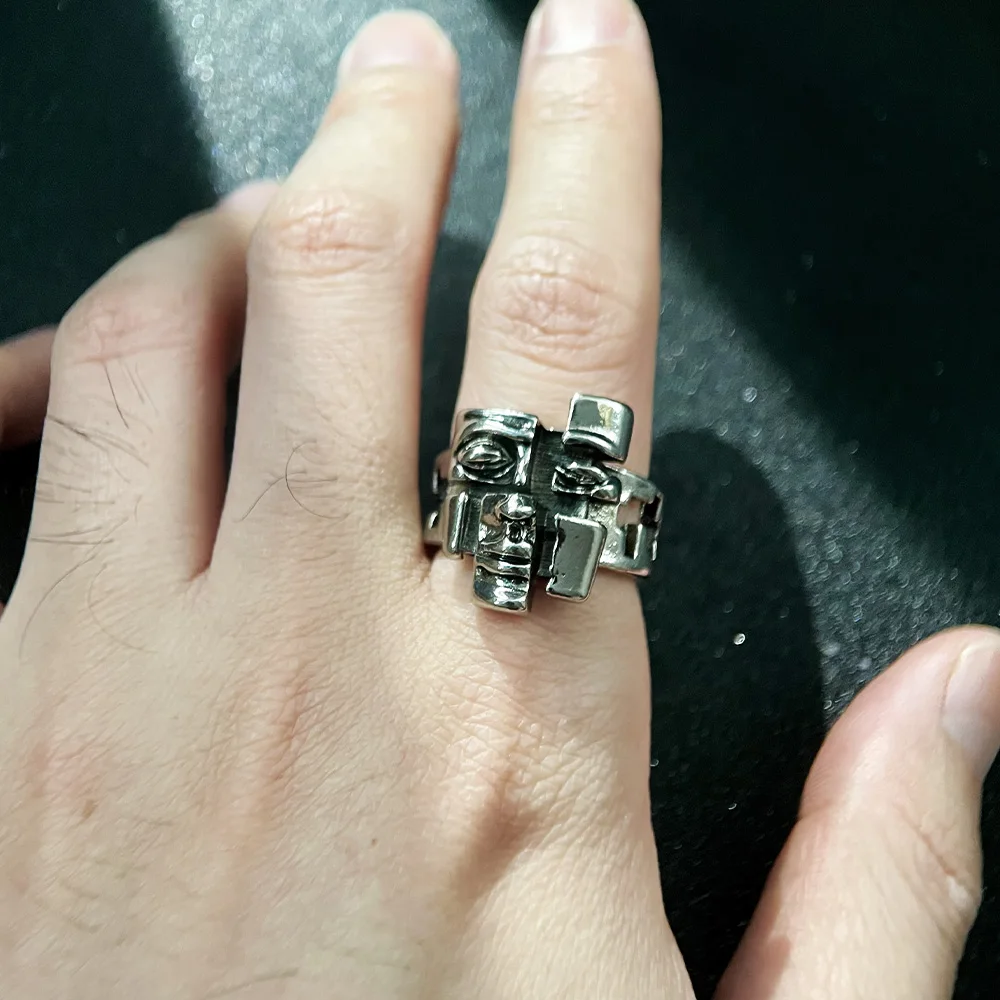 Men's Retro Silver Punk Gothic Face Ring, Statement