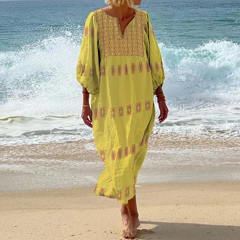 Spring Summer Pattern Printed Patchwork Women\'s Dress Sexy V Neck Pleated Beach Dress Fashion Long Sleeved Loose Bohemian Dress