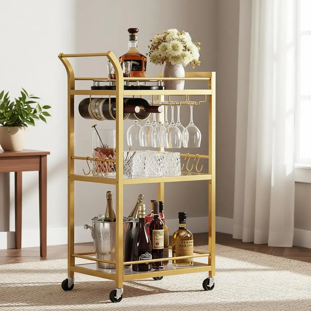 

Трехъярусная сервировочная тележка для домашнего бара с зеркальной поверхностью и мобильными кухонными полками, золотая