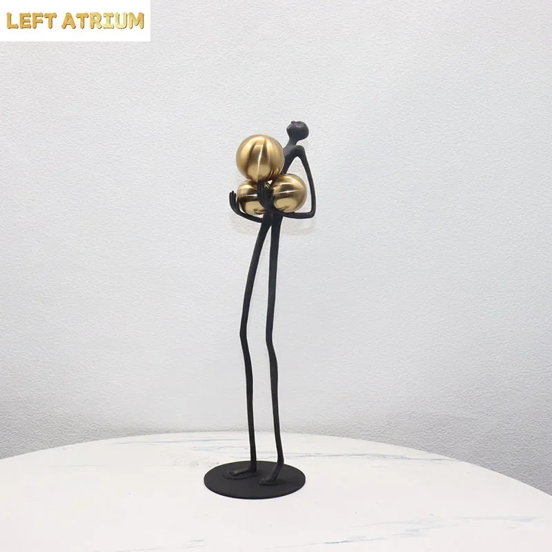 Black Matchstick Men Statue Golden Ball Decoration Character Sculpture Desktop Abstract Character Figurines Home Decoration