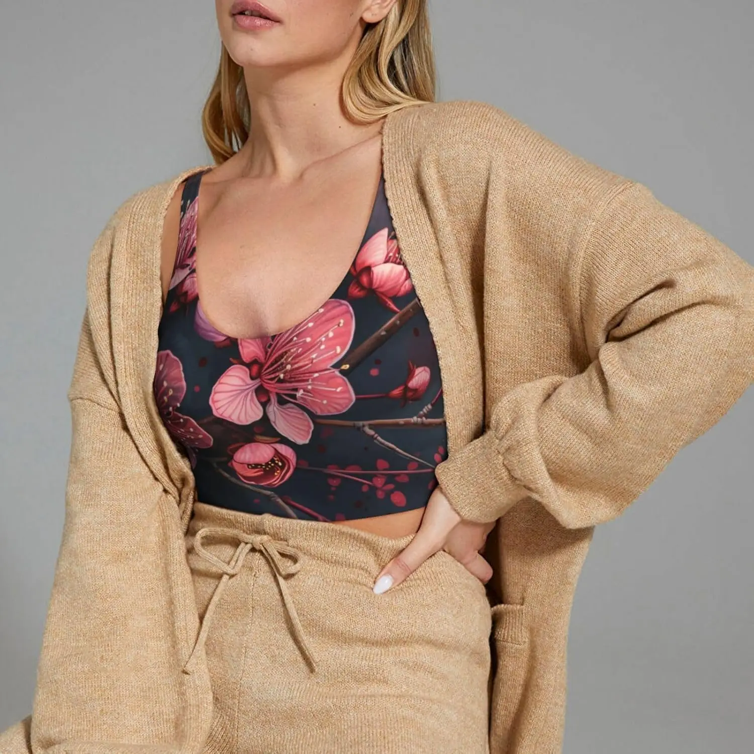 Gilet de sport pour femme, gilet de yoga confortable sans couture avec coussinets amovibles - Fleurs de prune cerisier