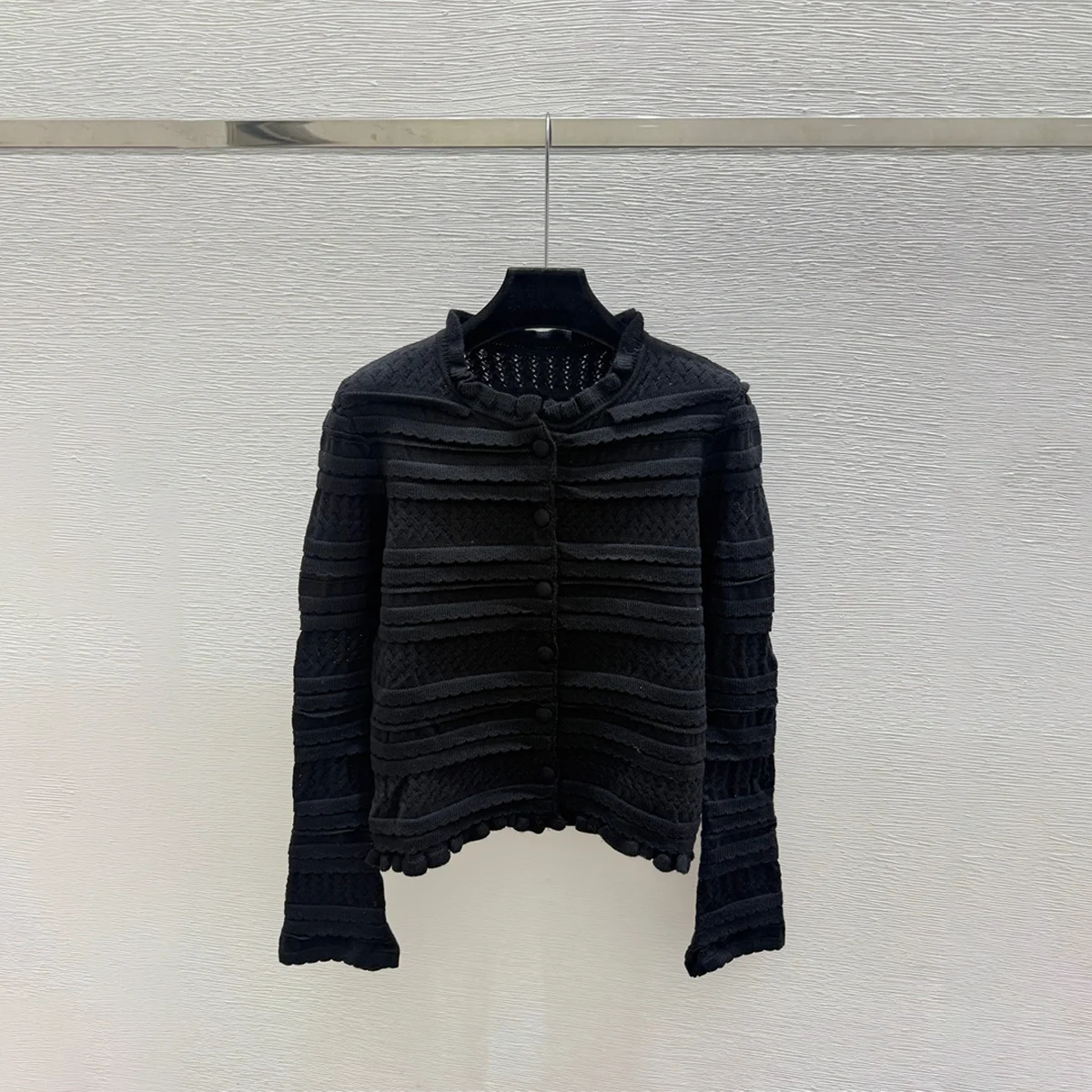 2026 high-quality women's black fungus edge layered cake knitted cardigan--2691662