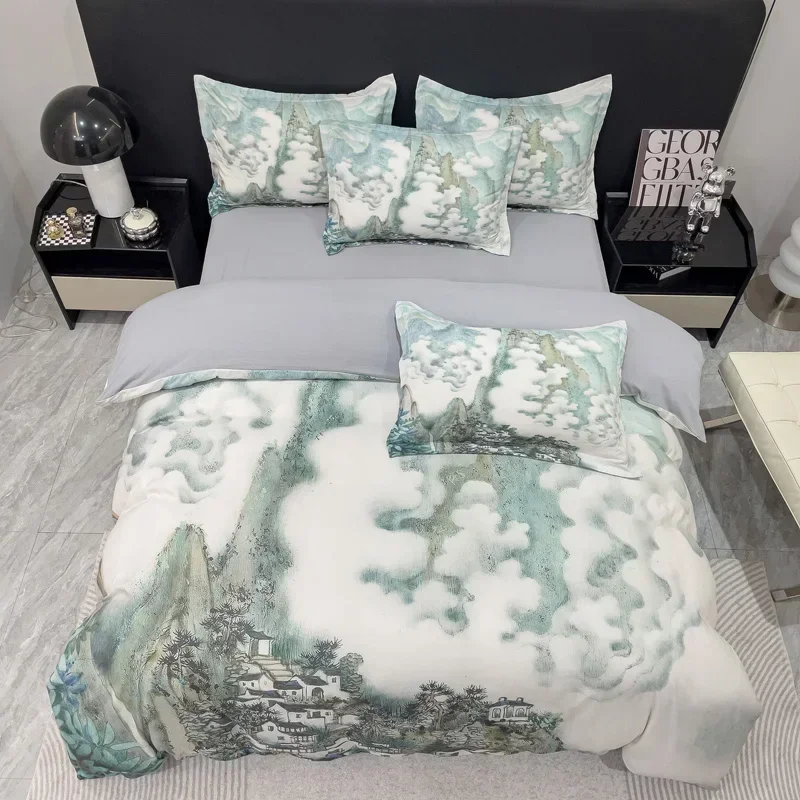 

New Chinese Luxury Classical Digital Printed Bedding Set With Landscape Peacock Floral Pattern Duvet Cover Bed Sheet Pillowcases