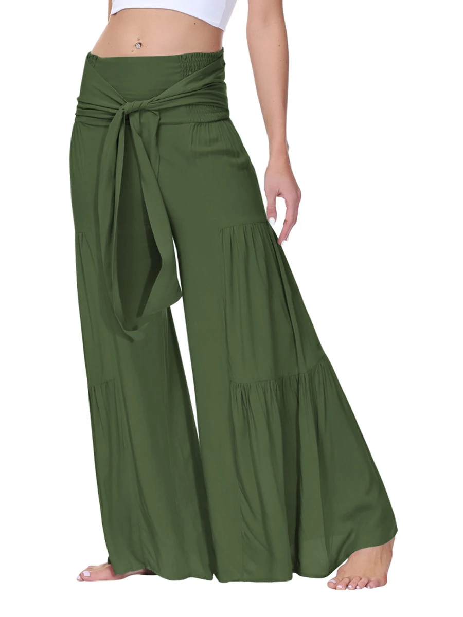 2022 Women's Boho Elastic High Waisted Ruffle Hem Wide Leg Loose Yoga Palazzo Pants with Belt