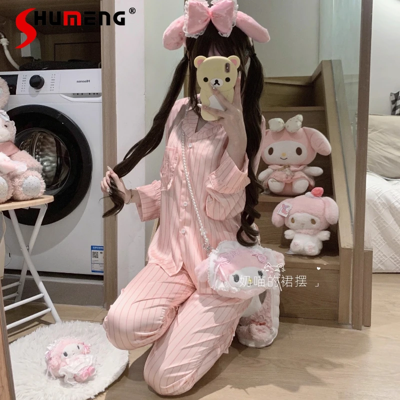 

Ice Silk Sweet Pajamas for Women Spring and Autumn Pink Pure Desire Style Home Wear Suit Female Japanese Style Sleepwear Set