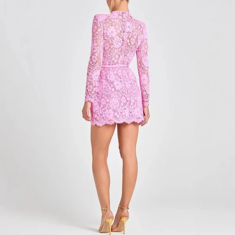 Durchsichtiges, langes, ausgestelltes Ärmel-Ausschnitt, Schnürung, schlankes Nachtclub-Partykleid für Damen, sexy Spitze, aushöhlen, figurbetontes Minikleid