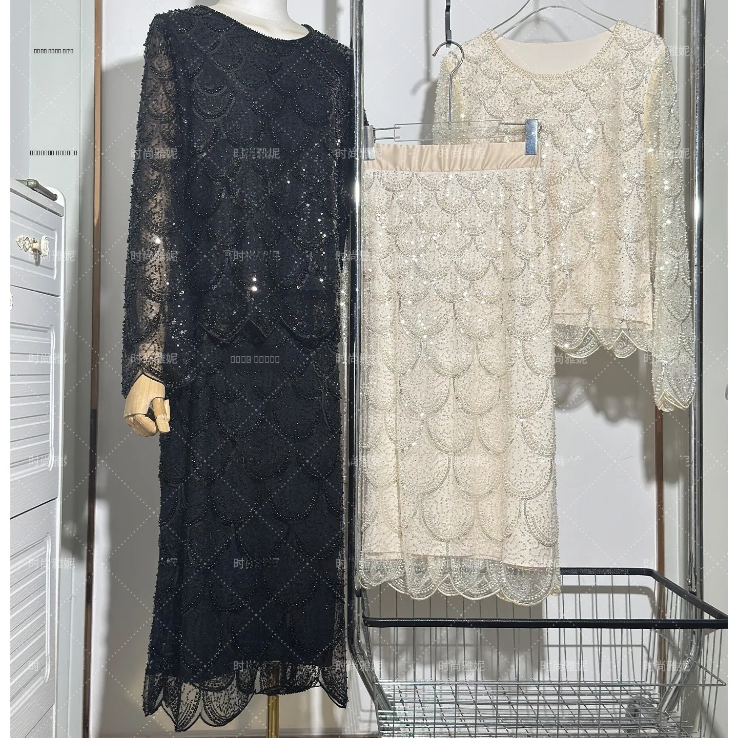 

Faionable Heavy-du Sequin Embellied Loose Stage Performance Top f-length Skirt Women's Fi-sc Patterned Casual Wear