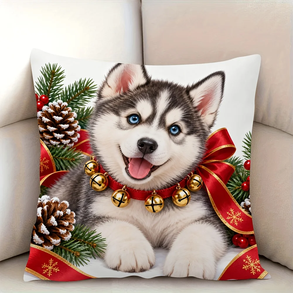 Cute Husky Puppy Christmas Holiday Throw Pillow Cushion Xmas Decor Festive Dog Lover Gift for Sofa Bed
