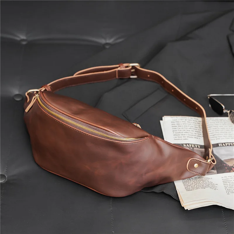 Men's waist bag pu leather large capacity shoulder chest bag retro outdoor multi-purpose travel backpack