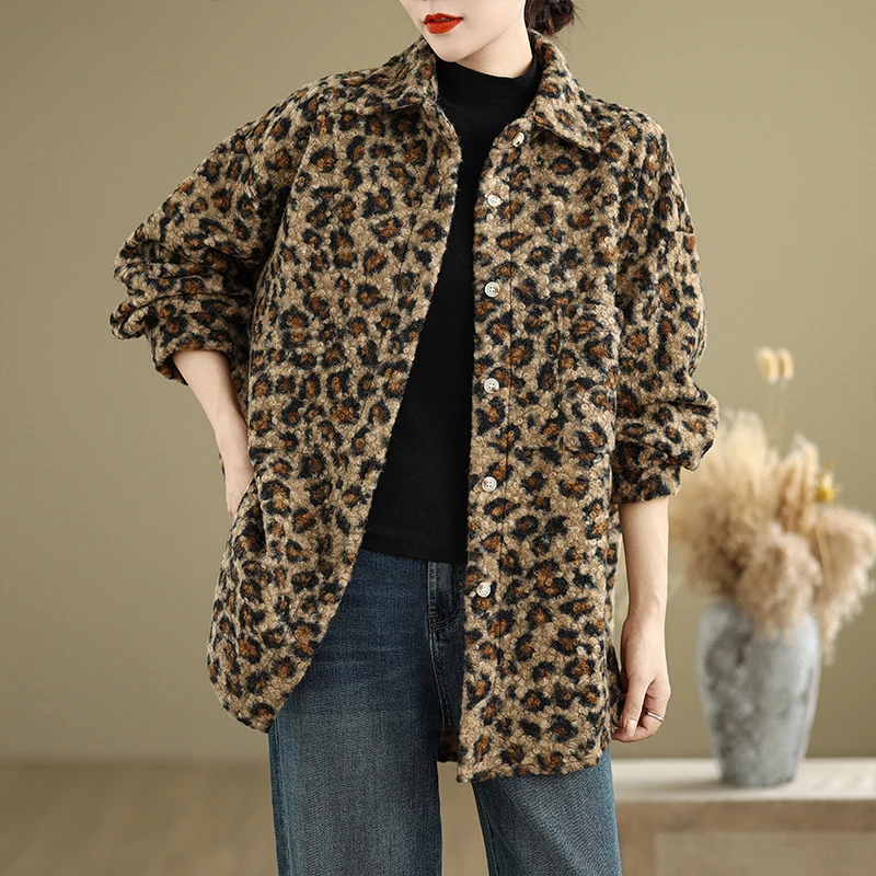 

Retro American Leopard Print Plu Women's Early Autumn Lazy Sle Loose Personali Medium Length Coat 2025 Autumn Winter Ne...