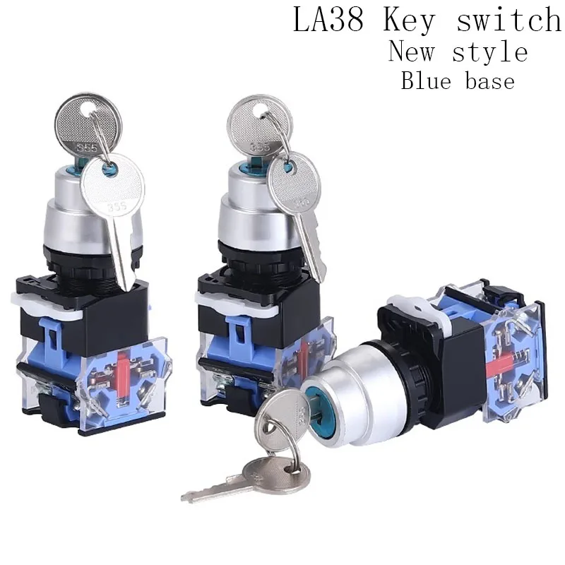 22mm LA38-11Y2/LA38-20Y3 Self-locking/Latching Knob Switch with Key 10A/440V 2 Position 3 Position Selector Switch Blue Base