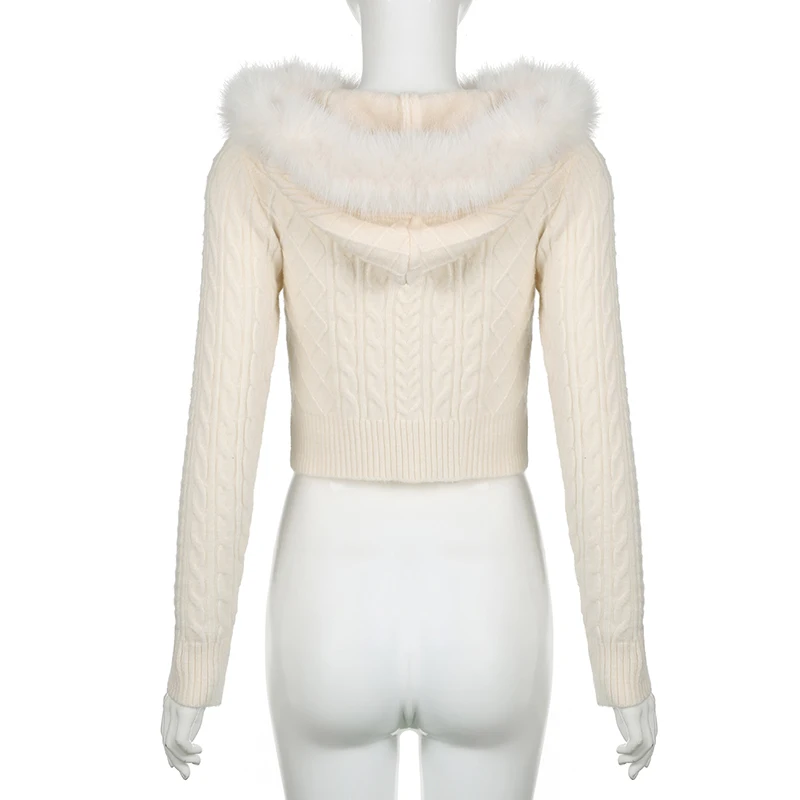 Darlingaga Korean Style White Twisted Autumn Cardigan Crop Knit Fluffy Zip Up Knitted Sweater Hooded Jacket Faux Fur Trim Collar