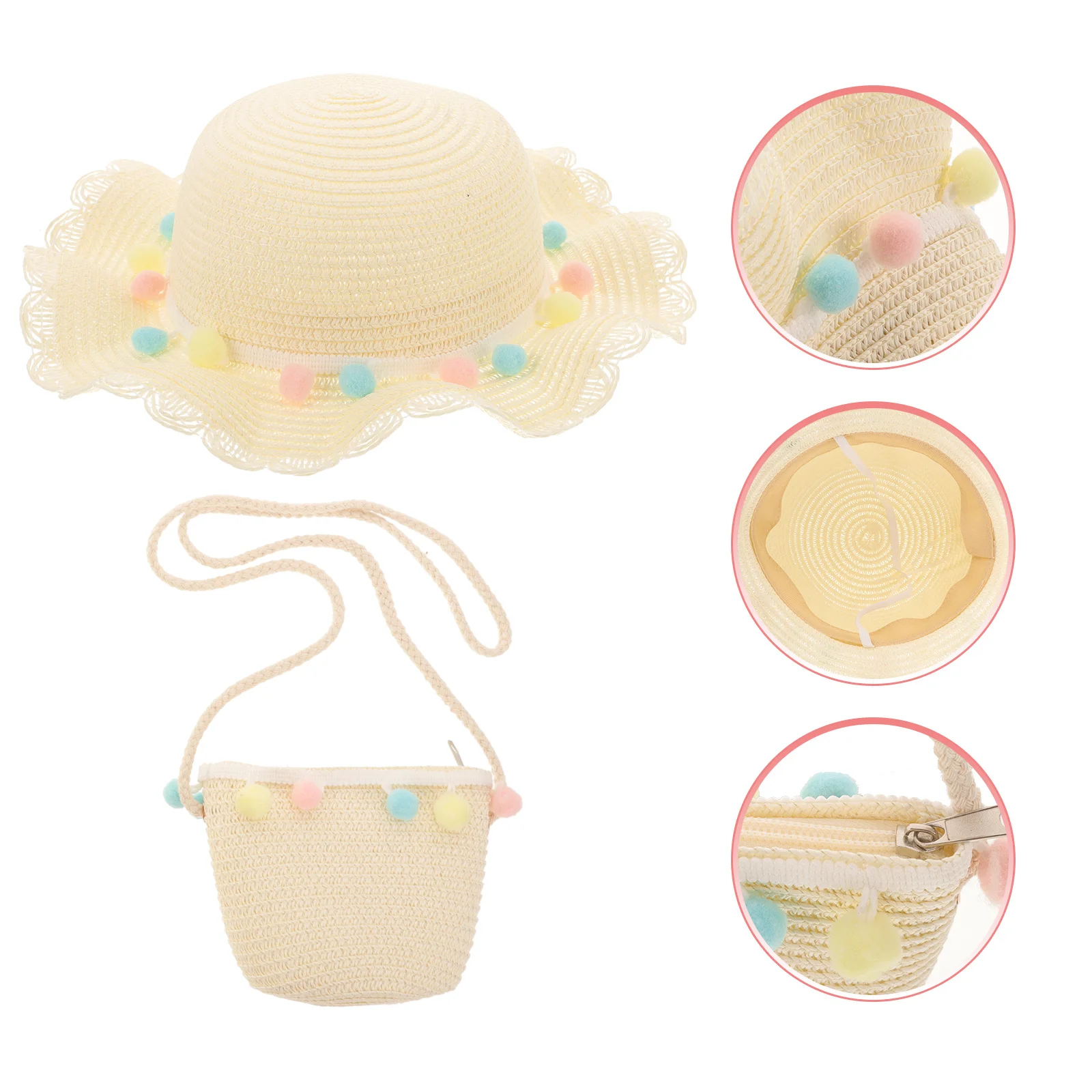 

White Kids Beach Straw Hat and Bag Fashion Summer Sun Protection Baby Storage Lightweight Breathable Kids Beach Hat