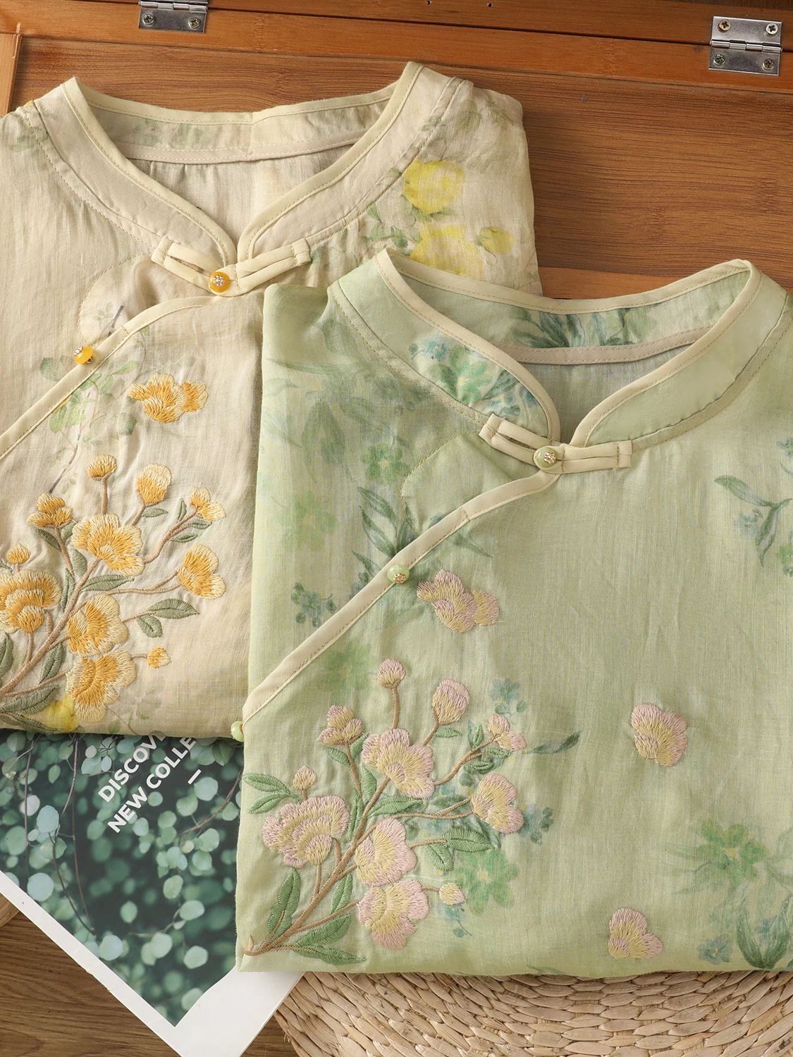 

Летняя льняная вышивка с косыми пуговицами и ор для женщин больших размеров, китайский чайный костюм в стиле ретро...