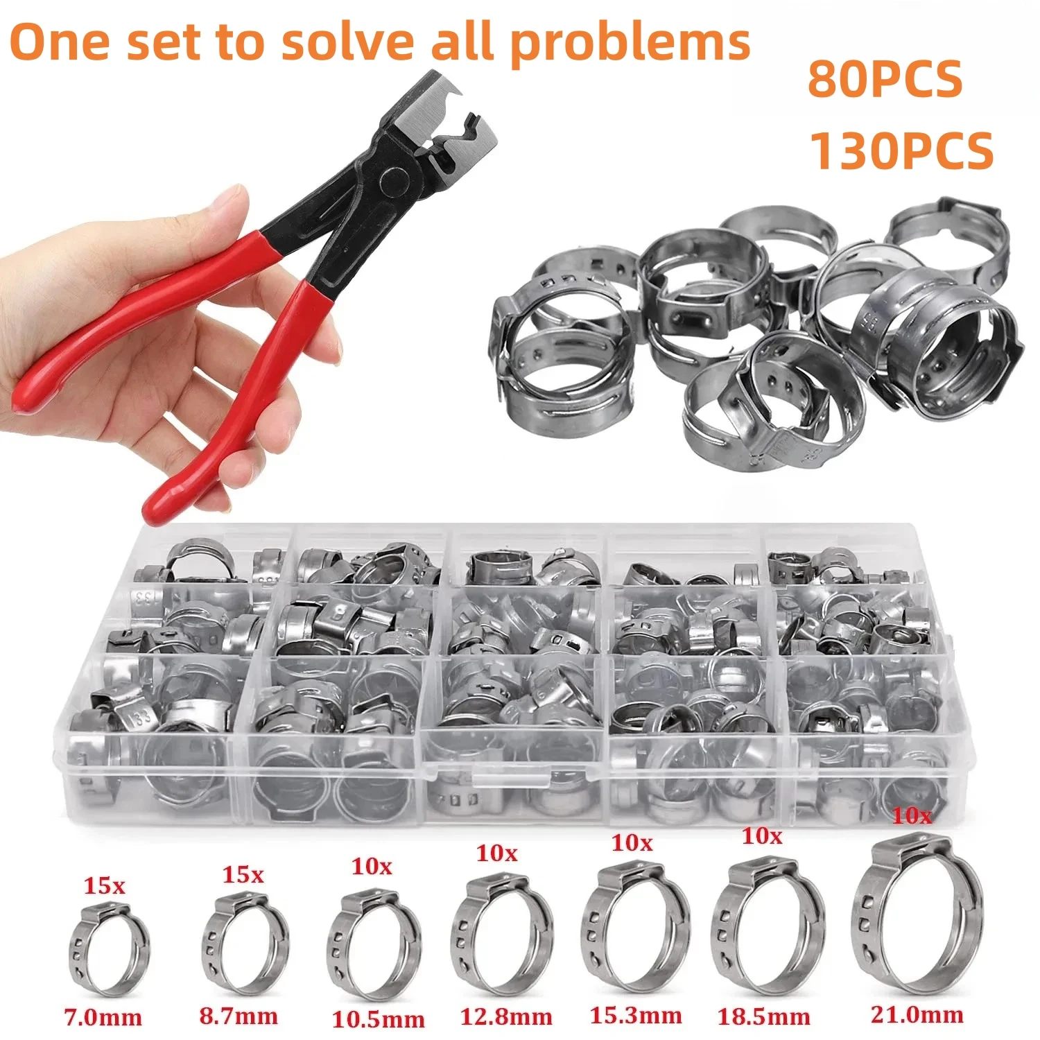 130/80pcs Single Ear Stepless Fuel Hose Clamp Ring with Pliers Combination Box 7-21 Mm Stainless Steel Clamp Tightening Ring