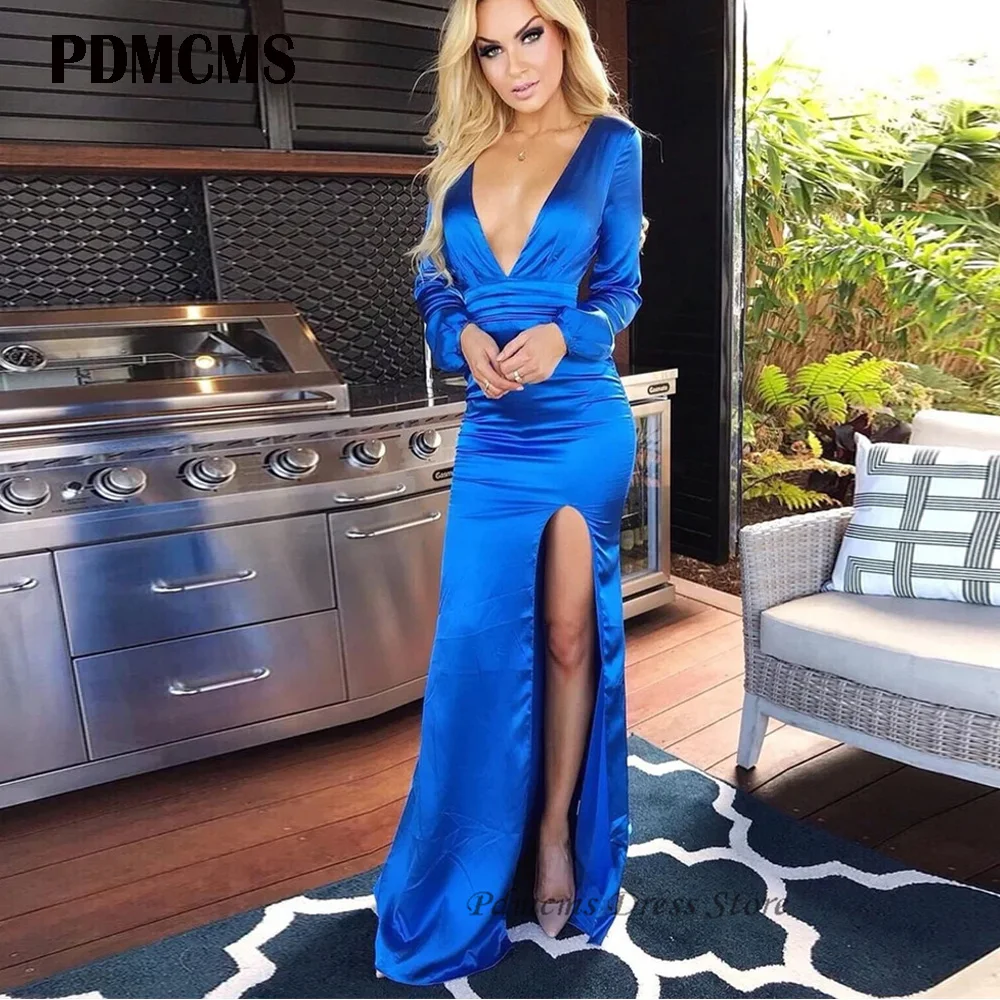 

SSYTENS Sexy Long Sleeves Royal Blue Mermaid Evening Dresses Side Slit Deep V-Neck Soft Satin Prom Party Dresses Robes de Soirée