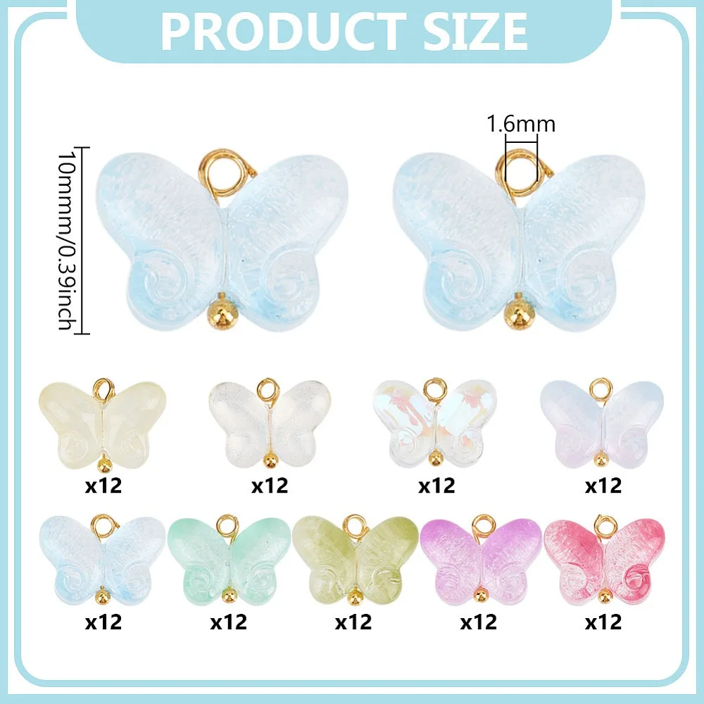 

108Pcs 9 Colors Transparent Glass Pendants Butterfly with Golden Brass Ball Head Pins Loop Mixed Color 10mm Hole: 1.6mm